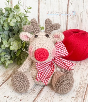 Pre-Order Sitting Reindeer with Large Bow - Beige, and Red Gingham