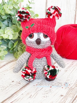 Pre-Order Standing Owl with Holly Hat and Pom Pom Scarf - Grey and Red