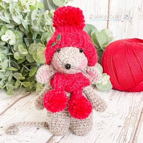Standing Mouse with Holly Hat and Pom Pom Scarf -  Brown and Red