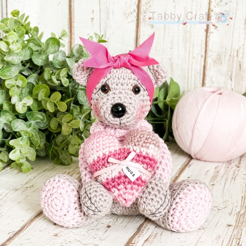 Love Heart Teddy with Jumper, Heart and Large Bow - Beige and Pink