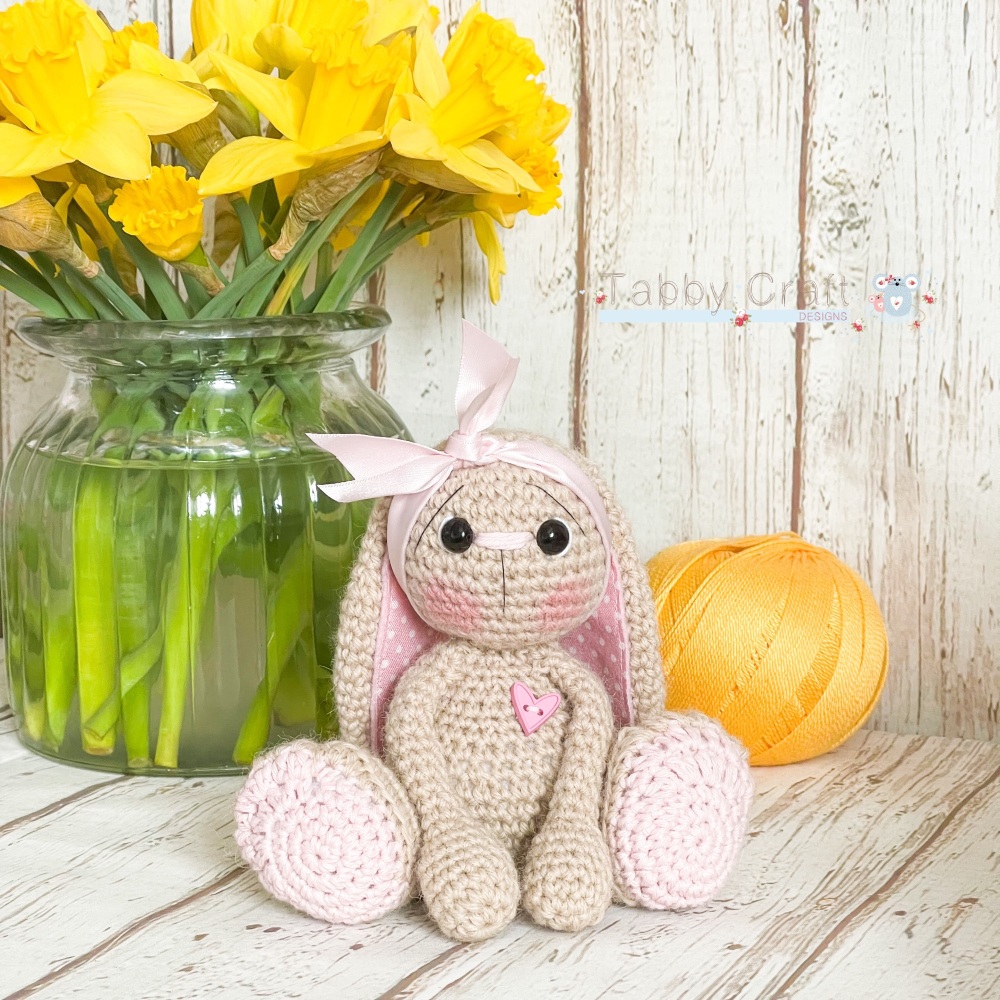 Bunny with a Headband and Heart Button -  Pink and Beige