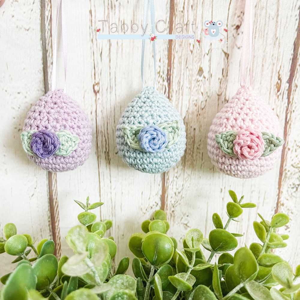 Set of 3 Rosebud Egg Hanging Decorations - Pink, Blue and Lilac