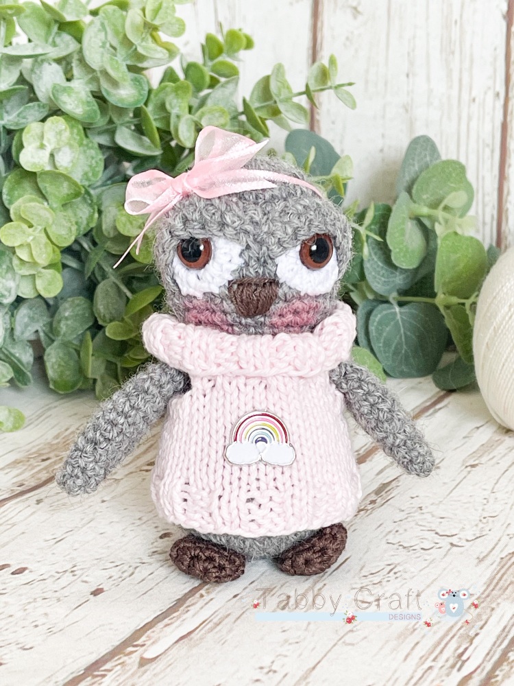 Standing Owl with Knitted Rainbow Jumper and Bow - Grey and Pink