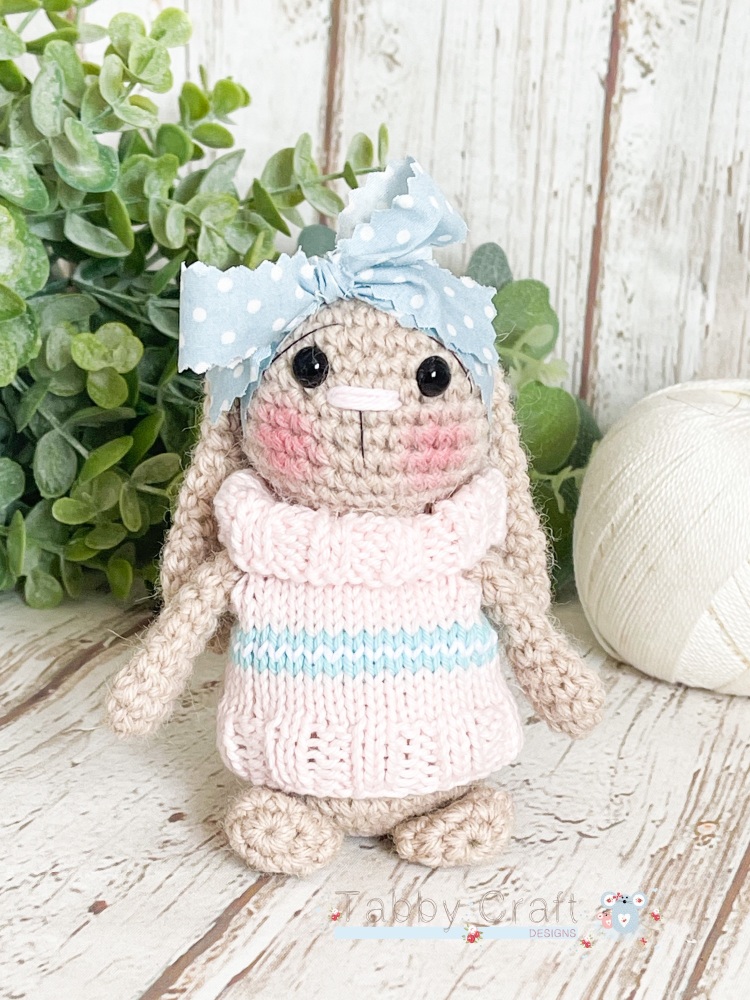 Standing Bunny with Knitted Jumper and Bow - Beige and Blush Pink