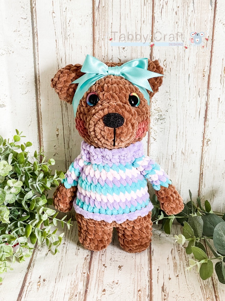 Plush Standing Teddy with Jumper and Head Bow  -  Brown,  Lilac and  Aqua
