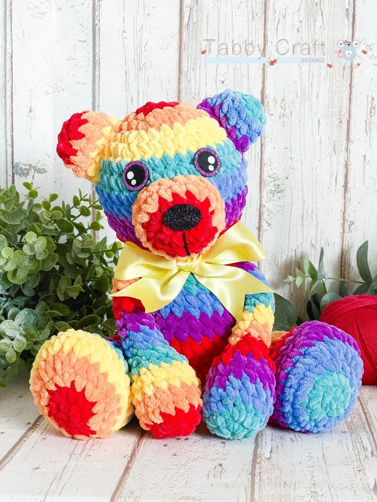 Large Plushie Teddy with  Bow - Bright Rainbow