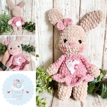 Standing Plushie Bunny with Heart Dress and Bow -  Beige and Pink