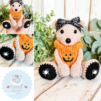 Halloween Teddy with Pumpkin Jumper and Bow - Beige and Orange