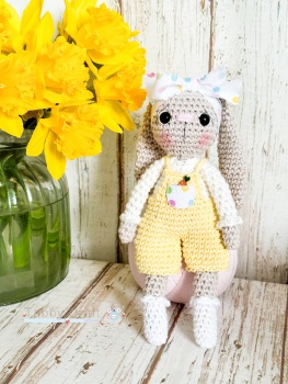 Standing Bunny with Dungarees and Headband -  Lemon and Beige