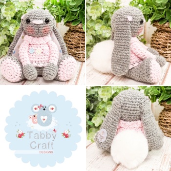 Sitting Bunny with Flower Jumper  -  Pink and Grey