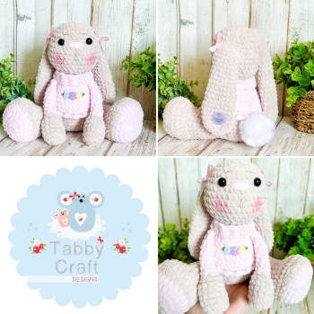 Sitting Plush Bunny with Flower Jumper  -  Pink and Beige