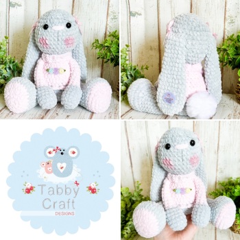 Sitting Plush Bunny with Flower Jumper  -  Pink and Grey