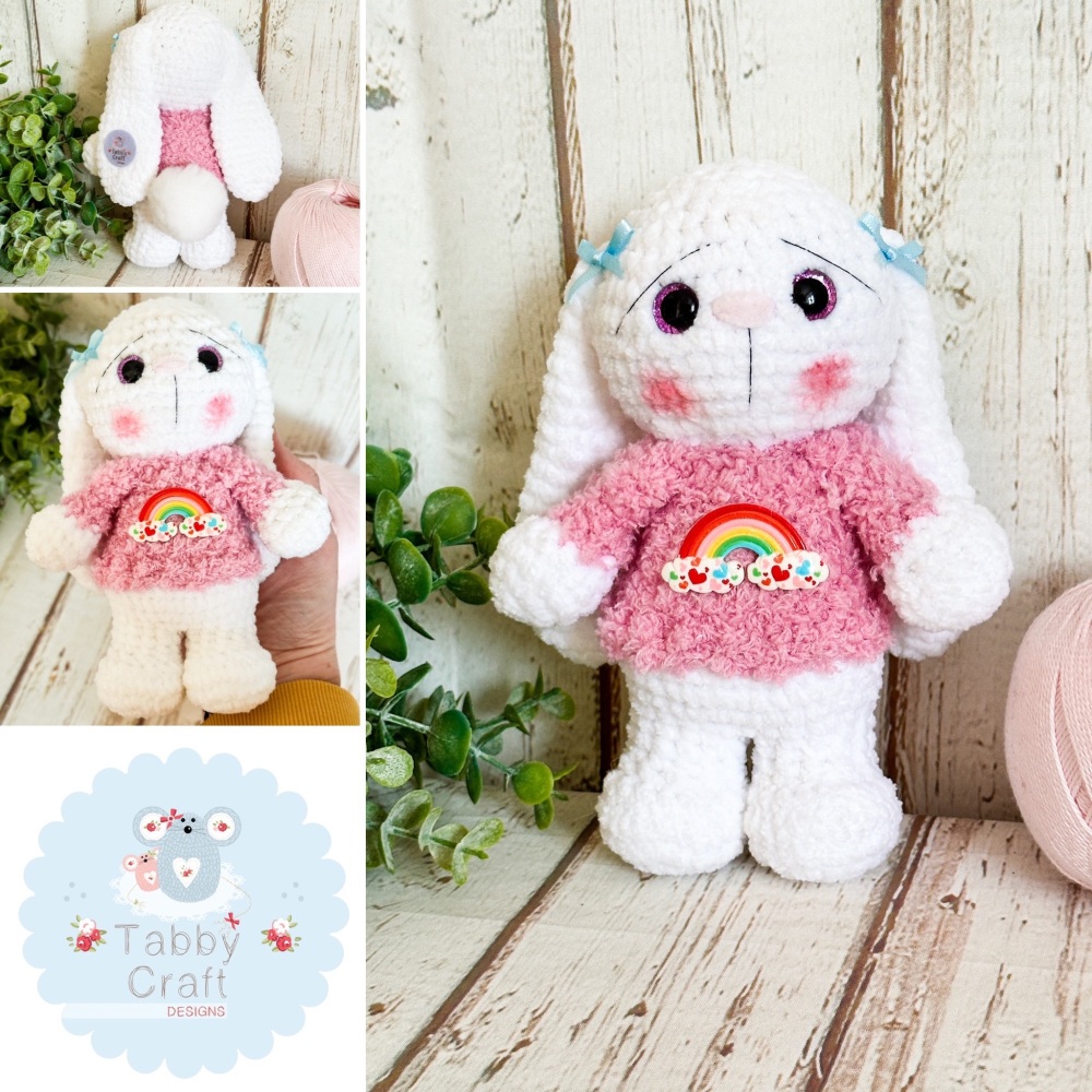 Standing Plush Bunny with Rainbow Jumper  -  Pink and White