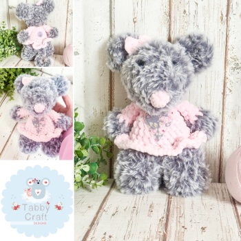 Standing Fluffy Mouse with Heart Jumper   -  Pink and Grey