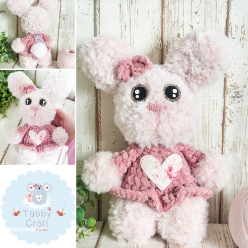Standing Fluffy Bunny with Heart Jumper   -  Pink and Beige