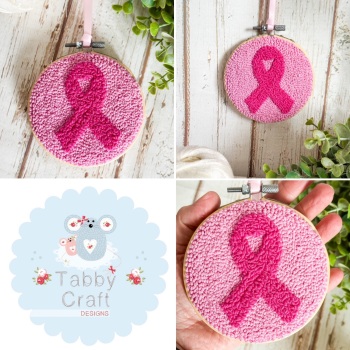 4” Punch Needle Hanging Breast Cancer Awareness  Hoop - Cream