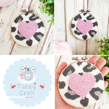 4” Punch Needle Hanging Heart Hoop - Cream Leopard Print