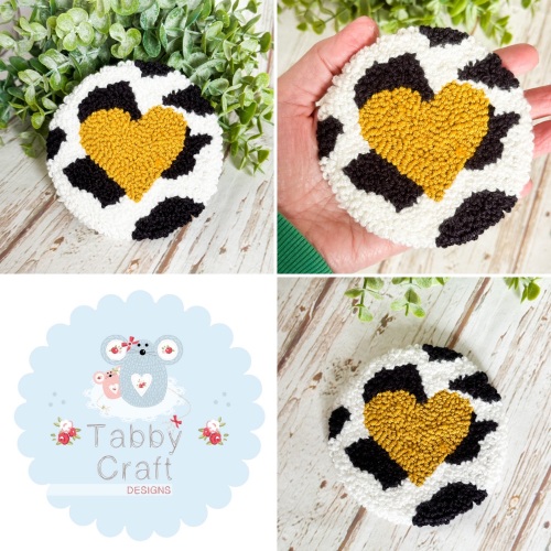 Punch Needle Heart Cow Print  Mug Rug  - Mustard/Ivory