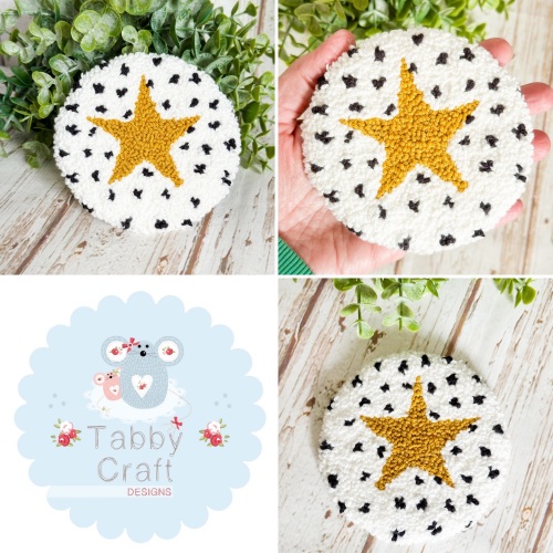Punch Needle Star with Spotty Print  Mug Rug  - Mustard/Ivory