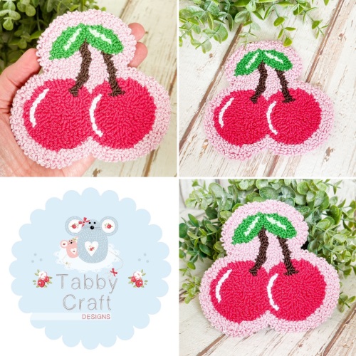 Punch Needle Cherry Mug Rug  - Pink and Green