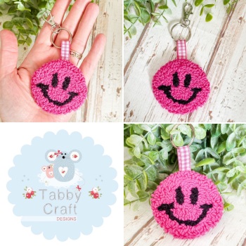 Punch Needle Smiley Face Bag Charm  - Hot Pink and Black