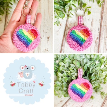 Punch Needle Rainbow Heart Bag Charm  - Pink and Multi