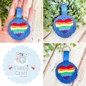 Punch Needle Rainbow Heart Bag Charm  - Blue and Multi