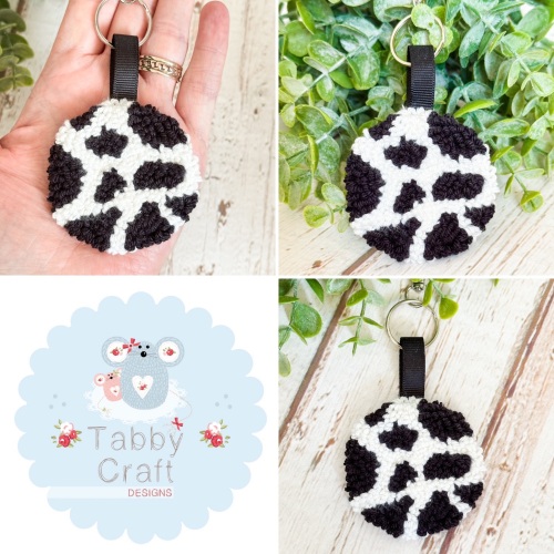 Punch Needle Cow Print Bag Charm  - Black and White