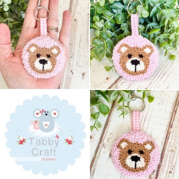 Punch Needle Teddy Bear Bag Charm  -  Pink and Beige