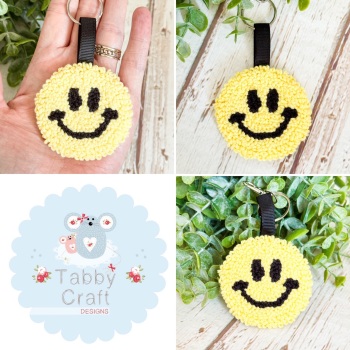 Punch Needle Smiley Face Bag Charm  - Yellow and Black