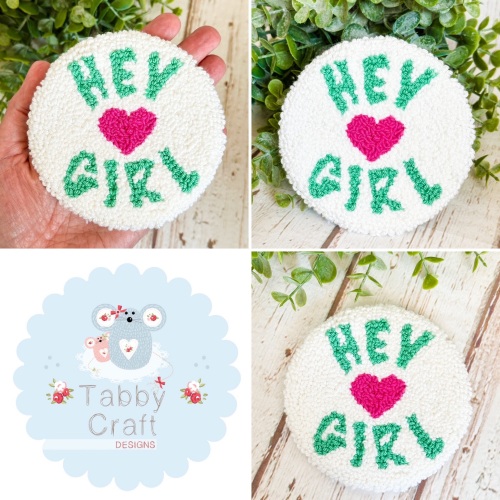 Punch Needle Hey Girl Mug Rug  - Pink, Green and Ivory