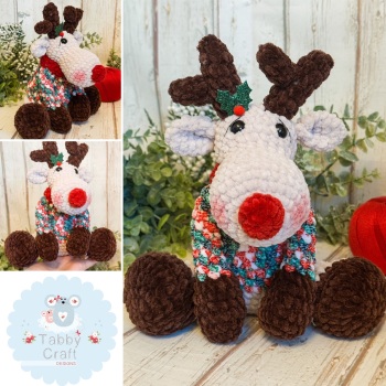 Large Sitting Reindeer with Festive Jumper - Beige, and Multi
