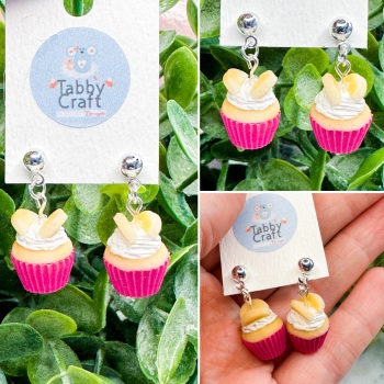 Miniature Polymer Clay Butterfly Cake Earrings - Bright Pink
