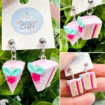 Miniature Polymer Clay Cake Slice with Flowers Earrings - Pale Pink