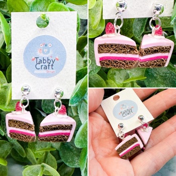 Miniature Polymer Clay Chocolate Cake Slice with Raspberry Earrings - Pale Pink