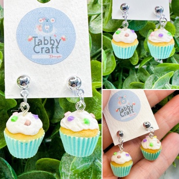 Miniature Polymer Clay Sprinkle and Frosting CupCake Earrings - Aqua