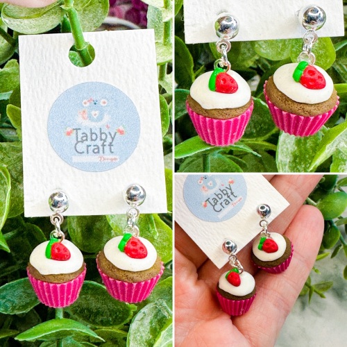 Miniature Polymer Clay Strawberry CupCake Earrings - Bright Pink
