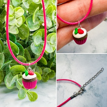 Miniature Polymer Clay Strawberry  Cupcake Necklace - Bright Pink