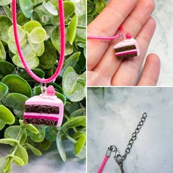 Miniature Polymer Clay Chocolate Cake Slice with Raspberry Necklace - Pale Pink