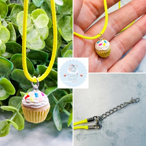 Miniature Polymer Clay Sprinkle and Frosting CupCake Necklace - Pale Yellow