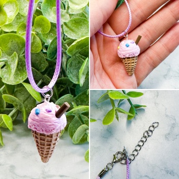 Miniature Polymer Clay Pink Ice Cream with Flake and Sprinkles - Pink