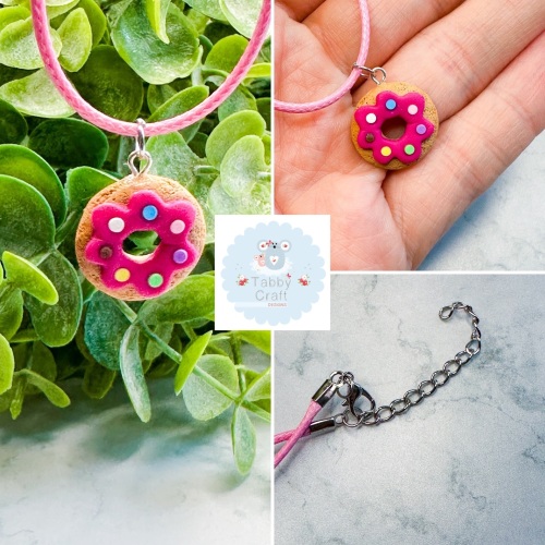 Miniature Polymer Clay Bright Pink Iced Doughnut with Sprinkles Necklace - 