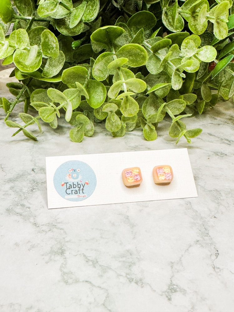 Miniature Polymer Clay Batternberg Cake Stud Earrings - Pink/Lemon
