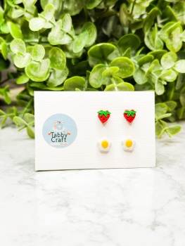 Miniature Polymer Clay Strawberry and Flower Stud Earrings - Red/White