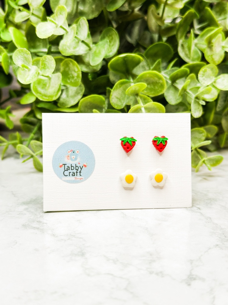 Miniature Polymer Clay Strawberry and Flower Stud Earrings - Red/White