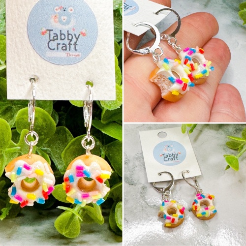 Miniature Polymer Clay White Sprinkle Doughnut Earrings - White