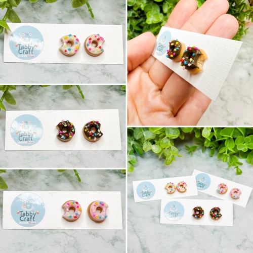 Miniature Polymer Clay Chocolate Sprinkle Doughnut Stud Earrings - Brown