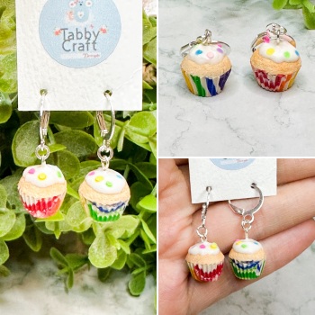 Miniature Polymer Clay Rainbow Sprinkle Iced CupCake Earrings - Rainbow