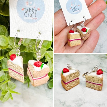 Miniature Polymer Clay strawberry Victoria Sponge Cake Slice Earrings - White/Beige