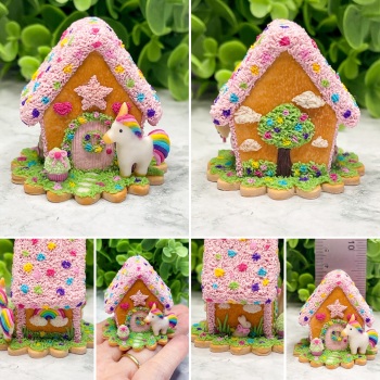 One of a Kind Miniature Polymer Clay Unicorn Thatched Cottage